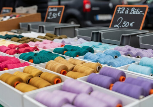 Bobines de Fil Coloré sur un Marché Local
