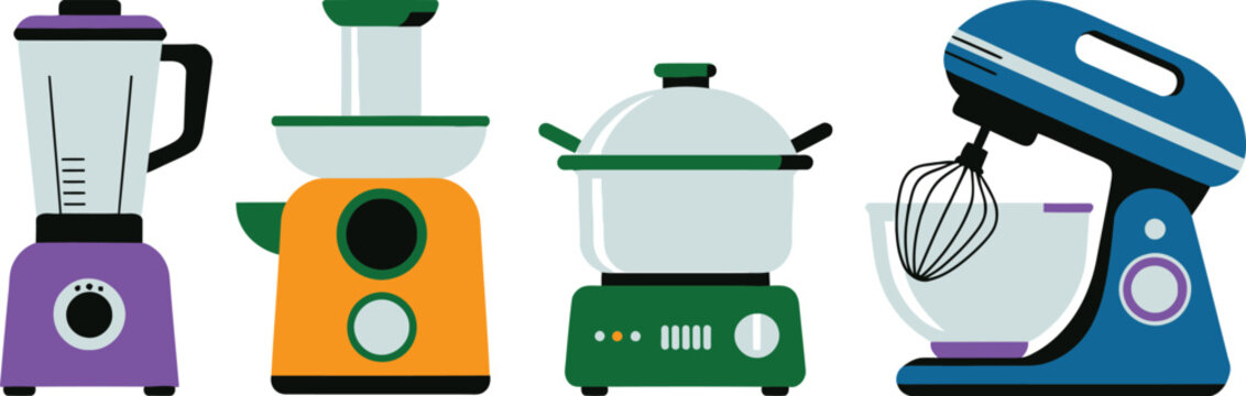 Kitchen Appliance Set Blender, Juicer, Slow Cooker, and Stand Mixer Illustration on White Background