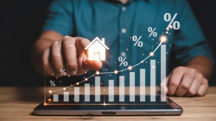 Person interacting with digital display showing upward trending real estate investment data
