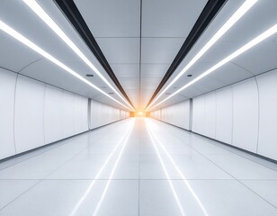 Modern, bright tunnel with symmetrical lines and overhead lights