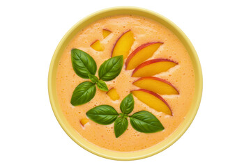 Orange peach fruit smoothie bowl decorated with fresh green basil isolated on a transparent background