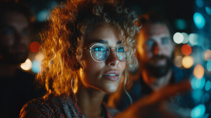 Professional curly haired woman in glasses standing with colleagues. Suitable for business, teamwork, workplace diversity, and corporate environments visuals.