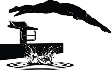 Swimmer Diving from Starting Block &ndash; Black and White Silhouette Vector Art