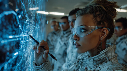 Futuristic woman in attire examines holographic display with team. Perfect for tech, innovation, teamwork, ai, science fiction concepts.