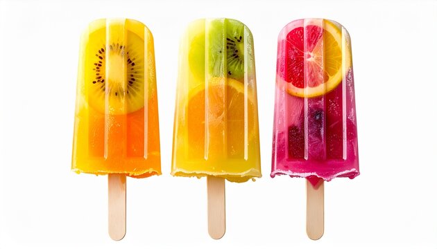 フルーツ入りカラフルアイスキャンディーの爽やかな構図｜Colorful Fruit Popsicles in a Refreshing Summer Arrangement
