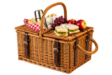 Wicker picnic hamper packed with fresh sandwiches and fruit isolated on a transparent background