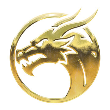 Golden dragon head logo inside a circle. 3D metallic of the zodiac icon.