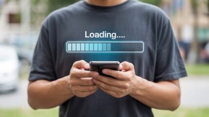 Person using mobile device displaying a progress bar and loading text overlaid on their clothing