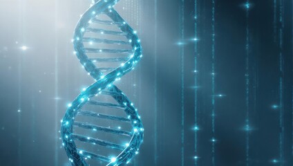 DNA Double Helix Structure with Glowing Lights and Abstract Background.