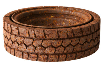Heavily rusted metal wheel rim with industrial grunge texture isolated on a transparent background