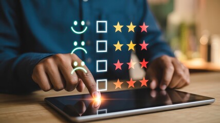 Person interacting with digital rating system displaying customer satisfaction levels on a tablet device