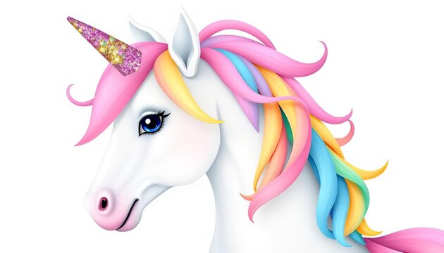 A whimsical pastel rainbow unicorn with a sparkly horn and mane, isolated on white,  graphic,  vector