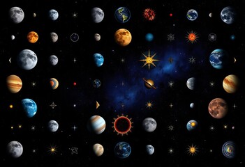 Celestial bodies arranged in a symmetrical grid pattern against a dark background,  wallpaper,  night