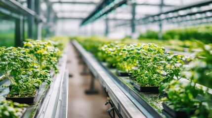 Lush Green Basil Plants Growing in a Modern Hydroponic Greenhouse System with Bright Ambient Light