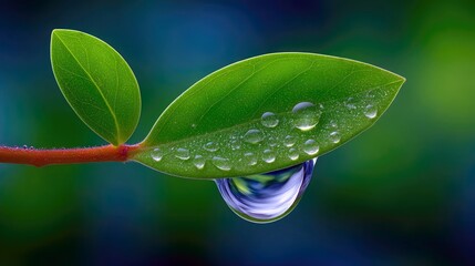A close-up, macro shot of a vibrant green leaf with numerous small water droplets and one large, clear drop reflecting a blue sky and clouds. The leaf is attach