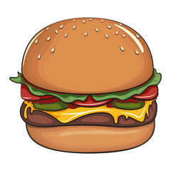 cute burger, happy cartoon burger vector illustration, work of hand drawn