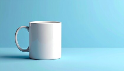Plain white coffee mug on a light blue surface, studio shot