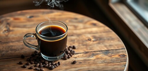 Steaming cup of dark roast coffee on rustic wooden table, morning, drink