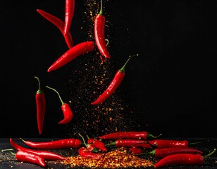 Red chili peppers and spice dust falling against a black backdrop
