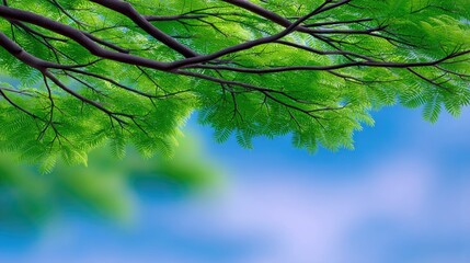 Close-up view of vibrant green leaves and dark branches against a soft, blurred blue sky with subtle clouds. The image evokes a sense of nature and freshness.