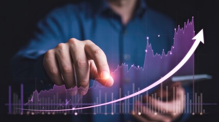 Business professional interacts with holographic rising performance chart displaying upward trend