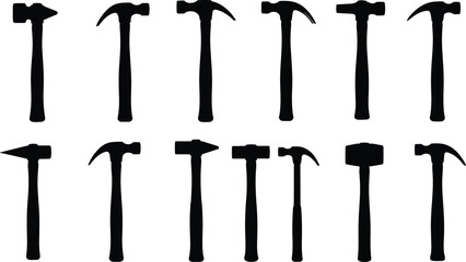 Hammer tool silhouette vector icon set, construction and carpentry equipment collection, various types like claw, sledge, and ball-peen, repair and maintenance graphic elements.