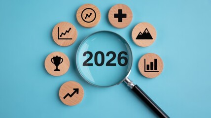 Magnifying glass focuses on the number two thousand twenty six surrounded by small wooden discs featuring business and success icons