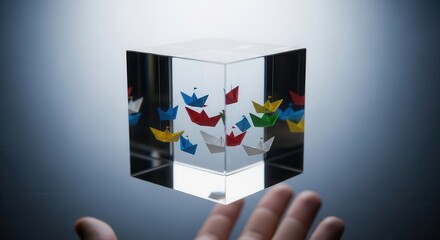 Colorful paper boats float suspended inside a clear acrylic cube held above a person's hand.