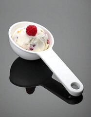 Scoop of ice cream topped with raspberry on reflective surface