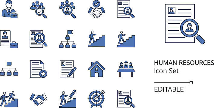 Human Resources icon set, recruitment, career development, employee hiring, resume search, and partnership vector symbols for business HR.