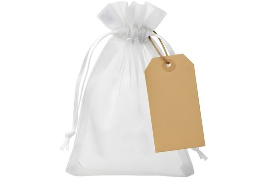 White organza gift bag with kraft paper tag attached