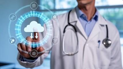 Medical professional interacts with futuristic digital interface displaying cloud data transfer and scientific icons