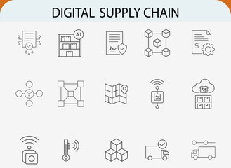 Digital supply chain logistics management line icons minimal set
