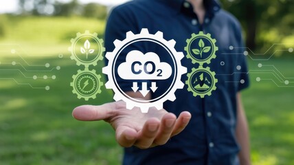 Person displays concept of atmospheric carbon dioxide capture utilizing clean energy and natural growth systems