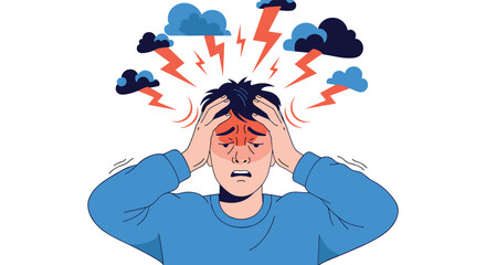 A person experiences overwhelming stress and a severe headache, clutching their head as storm clouds and lightning symbolize mental pressure.
