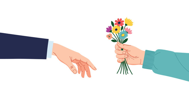 An outstretched hand reaches for a colorful bouquet of flowers offered by another hand, illustrating themes of gift-giving, care, and human connection. - Powered by Adobe