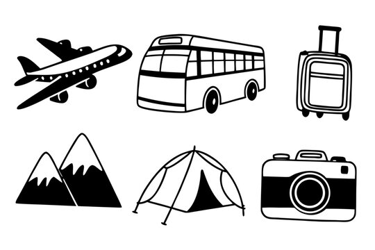 Plan your next adventure with these travel icons for a summer vacation, a fun trip to the mountains, or a camping getaway, perfect for a travel blog