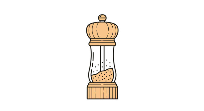 A simple, elegant illustration of a classic wooden and glass pepper grinder, partially filled with peppercorns, isolated on a white background.