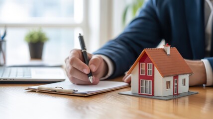 Person signs document beside miniature house model on wooden desk