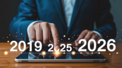 Business professional interacts with digital display showing future year projections on a modern tablet device