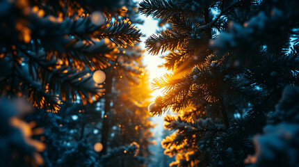 Winter Solstice Glow: Golden Sunlight Piercing Through Snow-Laden Pine Trees, Creating a Dramatic Contrast of Warmth and Cold in a Mystical Blue Forest.
