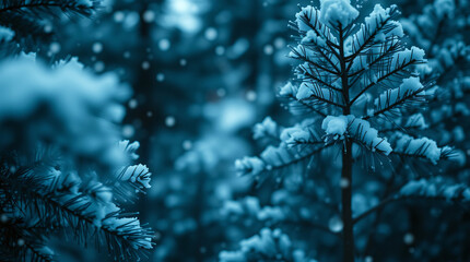 Solitary Winter Bough: Close-up of a Snow-Laden Pine Branch with Sharp Focus, Standing Out Against the Deep Blue, Defocused Background of a Mysterious Winter Forest.