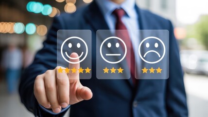 Business professional selects a positive rating option from a digital feedback interface
