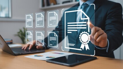 Business professional interacts with holographic digital document archive displaying certification icons