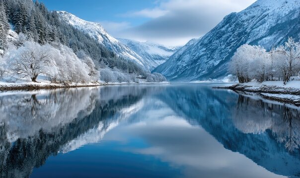 a beautiful winter landscape in norway with snow-covered mountains and the blue sea, captured during the golden hour