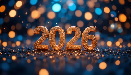 Glittering 2026 in vibrant blue and orange new year celebration. Happy New Year 2026