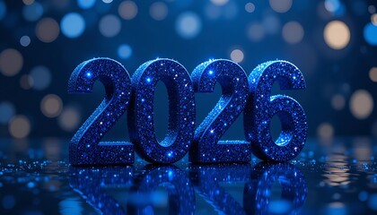 Sparkling Blue 2026 New Year Numbers on Reflective Surface with Glowing Lights and Bokeh Background Isolated on White P N G Download for Social Media Advertisement Banner