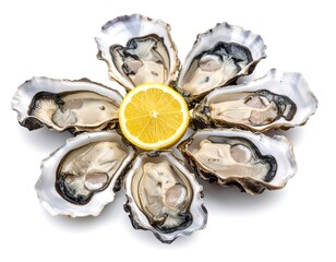 Splayed oysters surrounding a lemon slice, presented on a white surface