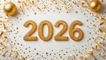 Glamorous gold 2026 text surrounded by metallic balloons, sparkles, and ribbons. New Year party and greeting card design