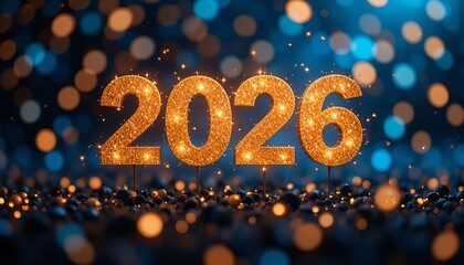Sparkling golden glitter 2026 glowing blue-orange happy New Year 2026 celebration. 